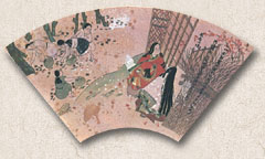 木版画　源氏物語　栗拾い　扇面古写経の複製 木版画 源氏物語 栗拾い 扇面古写経の複製 （C0018938 扇面古